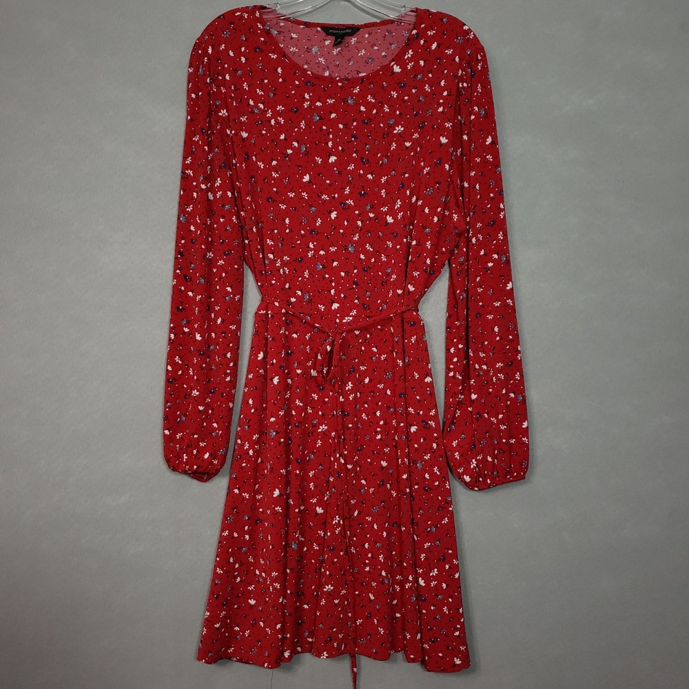 Banana Republic XL Fit Flare Dress Red Floral Long Sleeve Belted Above The Knee